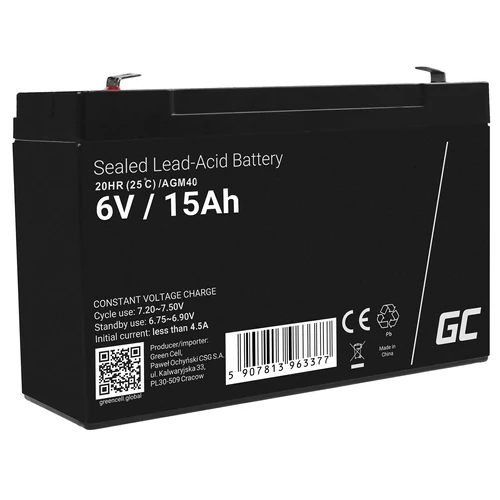 Green Cell AGM VRLA 6V 6V 15Ahh szünetmentes tápegység akkumulátor