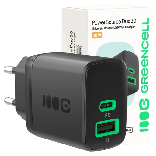 Greencell PowerSource fekete Duo30 30w USB/USB-C kimenettel Power Delivery gyorstöltő