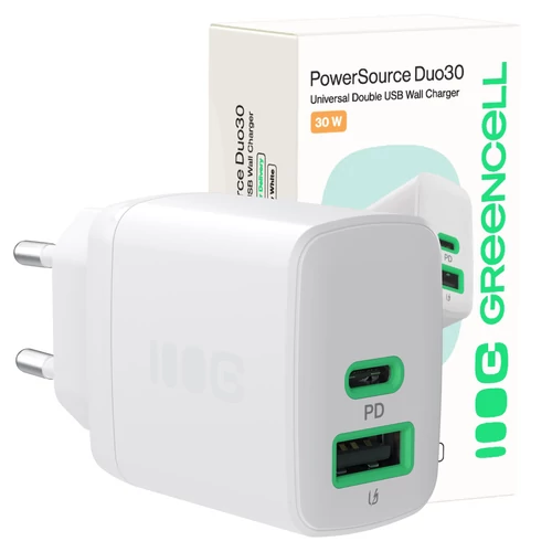 Greencell PowerSource fehér Duo30 30w USB/USB-C kimenettel Power Delivery gyorstöltő