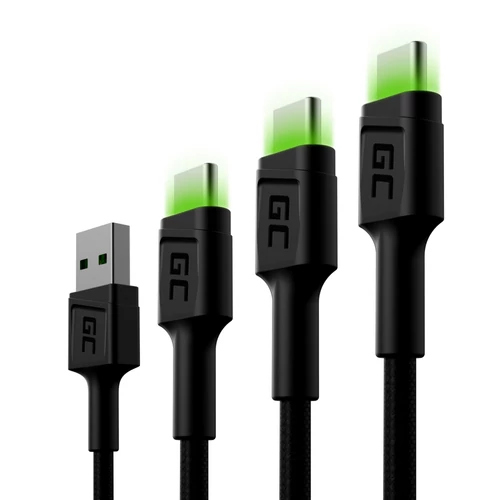 3db Green Cell Ray USB-C Cable 30cm, 120cm, 200cm with green LED háttérvilágítással, fast charging UC, QC 3.0 kábel