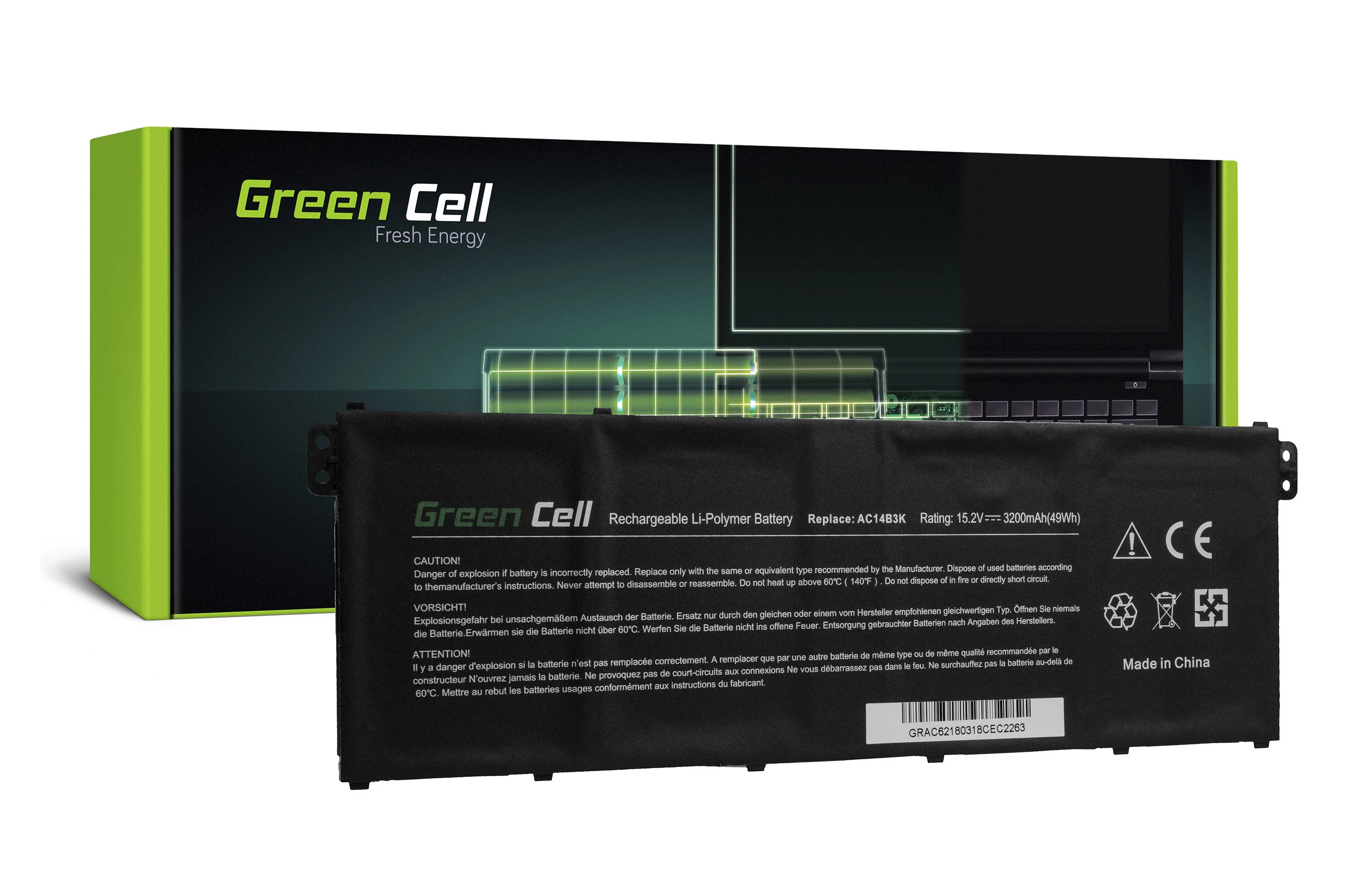 Green Cell Acer Aspire 5 A515 A517 E15 ES1-512 ES1-533 15,2V 3200mAh laptop akkumulátor