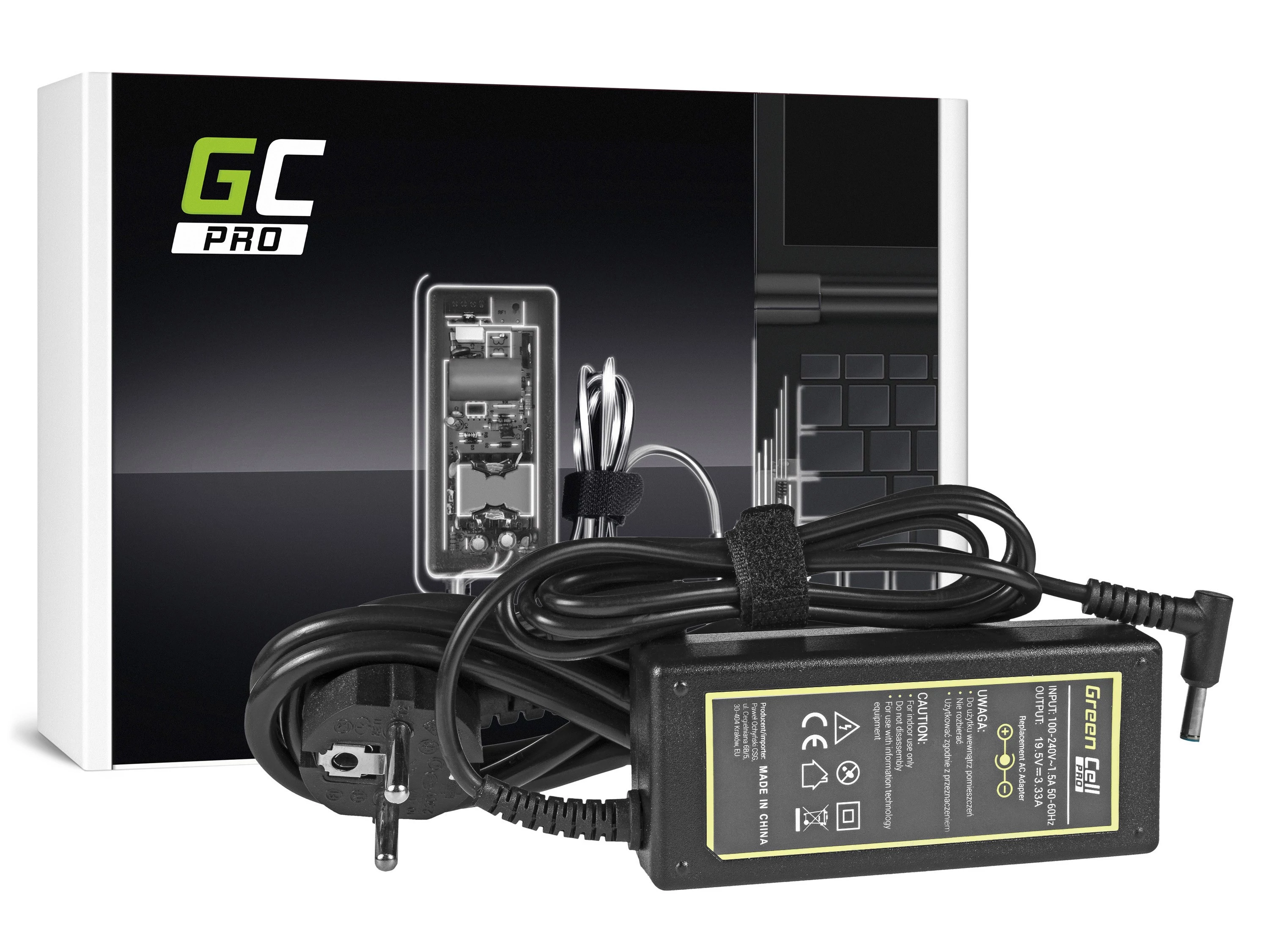 Green Cell PRO töltő HP 65W / 19.5V 3.33A / 4.5mm-3.0mm laptop töltő