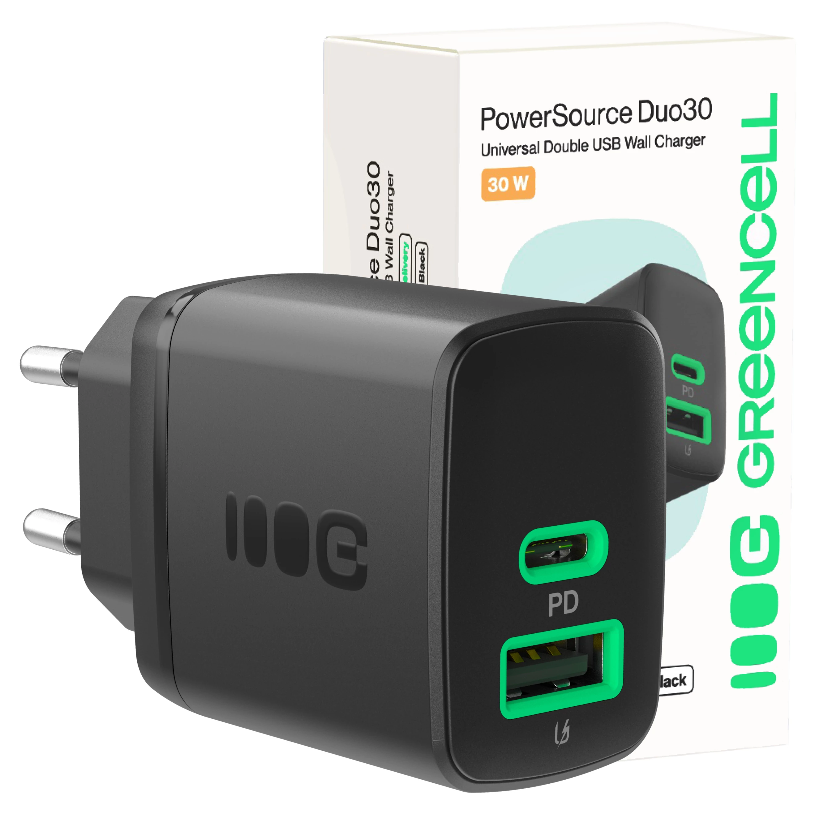 Greencell PowerSource fekete Duo30 30w USB/USB-C kimenettel Power Delivery gyorstöltő