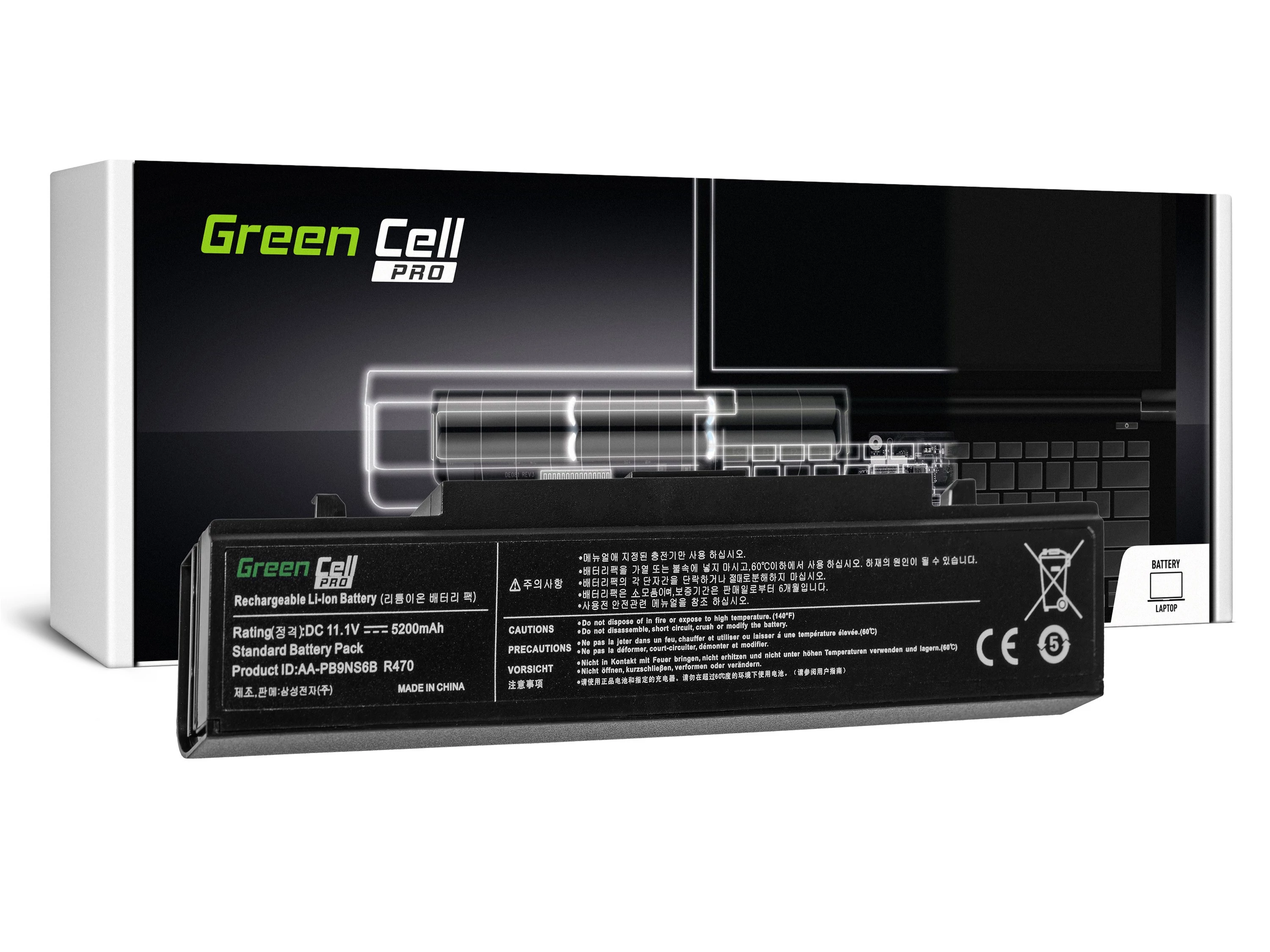 Green Cell PRO Samsung R519 R522 R530 R540 R580 R620 R719 R780 fekete 11.1V 5200mAh laptop akkumulátor